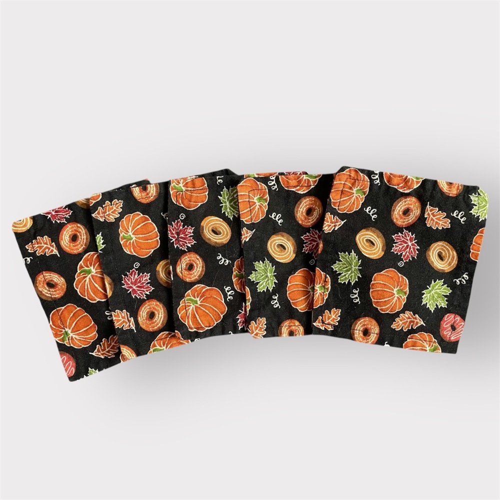 Handmade Multicolored Fall Pumpkin Print Square Fabric Coasters Set Of 5